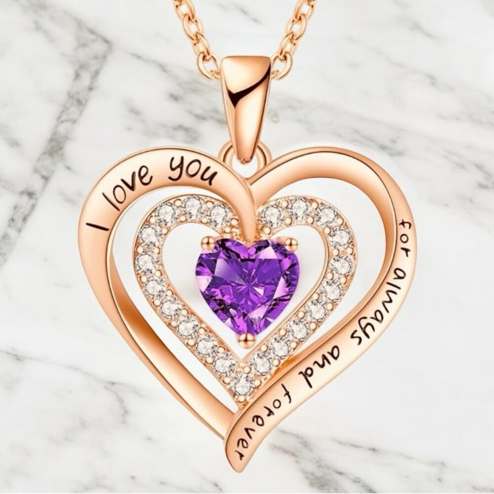 18K Rose Gold Plated Sterling Silver Double Heart Feb. Birthstone Necklace